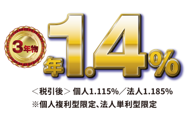 3年物法人単利型限定個人複利型限定年0.60%税引後：<個人>0.478%<法人>0.508%