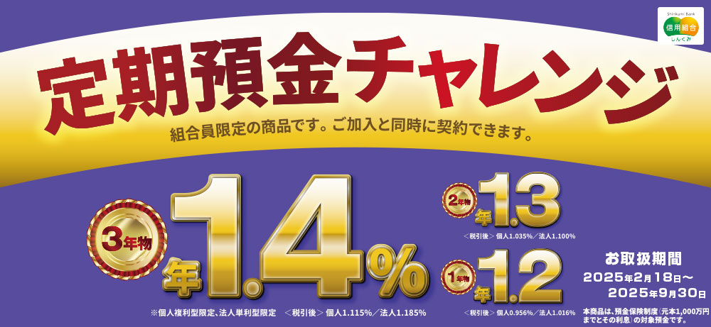 組合員限定定期預金ご加入と同時に契約できます定期預金チャレンジ ※満期日が当組合の休業日となる場合、お支払いは翌営業日以降となりますのでご了承ください。<未来>3年物法人単利型限定個人複利型限定年0.60％税引後：<個人>0.478％<法人>0.508％2年物法人・個人年0.50％税引後：<個人>0.398％<法人>0.423％1年物法人・個人年0.40％税引後：<個人>0.318％<法人>0.338％