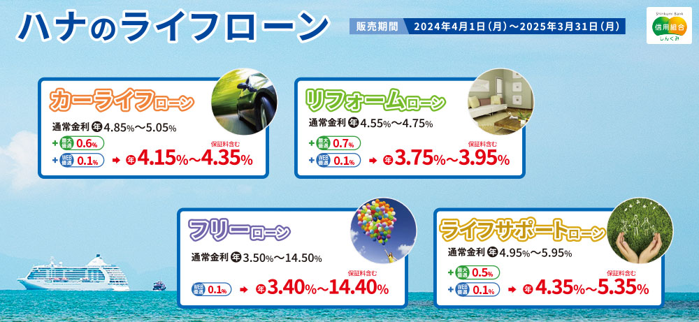 ハナのライフローン　カーライフローン通常金利年4.85%～5.05％最大優遇0.6％WEB優遇0.1％年4.15％～4.35％保証料含む　リフォームローン通常金利年4.55%～4.75％最大優遇0.7％WEB優遇0.1％年3.75％～3.95％保証料含む フリーローン通常金利年3.50%～14.50％WEB優遇0.1％年3.40％～14.40％保証料含む ライフサポートローン通常金利年4.95%～5.95％最大優遇0.5％WEB優遇0.1％年4.35％～5.35％保証料含む