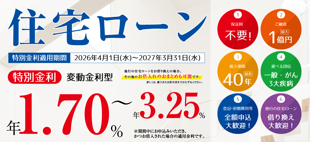 住宅ローン特別金利 特別金利変動金利型年1.55％～年3.10％他行の住宅ローンをお借り換えの場合、その他のお借入れのおまとめも可能です。1保証料0円2ご融資最大1億円3借入期間最長40年4選べる団信一般・がん3大疾病5登記・初期費用等全額申込大歓迎！6他行の住宅ローン借り換え大歓迎！